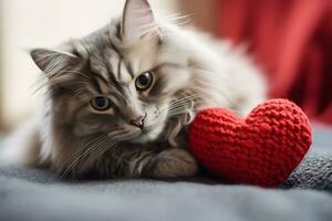 AI generated Cat holding a knitted heart photo