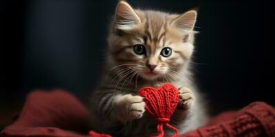 AI generated Cat holding a knitted heart photo