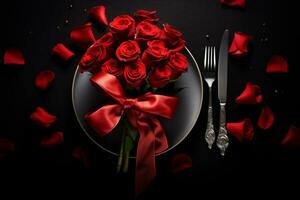 AI generated Romantic cutlery wrapped with a ribbon and roses photo