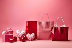 ai generado enamorado día regalos con compras bolso en rosado fondo foto