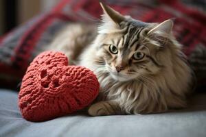 AI generated Cat with a knitted heart cushion photo