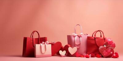 AI generated Valentine Day gifts with shopping bag on pink backdrop photo