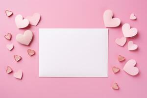 AI generated Blank card with envelope and hearts on pink background photo