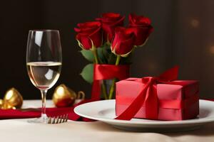 AI generated Elegant Valentine Day table setting with gift photo