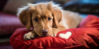 AI generated Dog with a heart shaped pillow photo