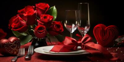 AI generated Romantic cutlery wrapped with a ribbon and roses photo