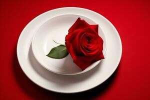 AI generated Heart shaped plate and rose on red background photo