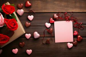 AI generated Valentine themed composition with blank paper for message photo