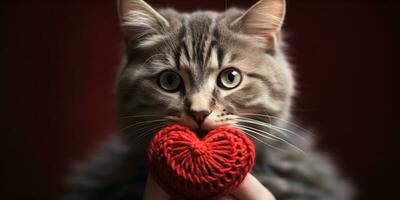 AI generated Cat holding a knitted heart photo