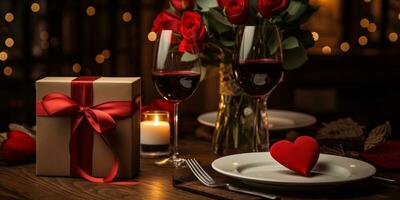 AI generated Romantic table setting with gifts and wine photo