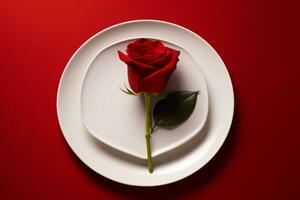 AI generated Heart shaped plate and rose on red background photo