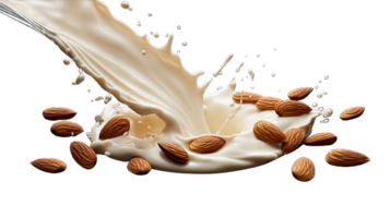 AI generated Collection of PNG. Milk splash with almonds isolated on a transparent background. png