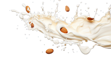 AI generated Collection of PNG. Milk splash with almonds isolated on a transparent background. png