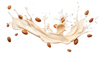 AI generated Collection of PNG. Milk splash with almonds isolated on a transparent background. png
