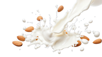 AI generated Collection of PNG. Milk splash with almonds isolated on a transparent background. png