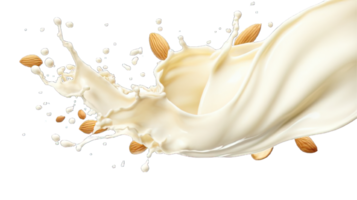 AI generated Collection of PNG. Milk splash with almonds isolated on a transparent background. png