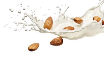 AI generated Collection of PNG. Milk splash with almonds isolated on a transparent background. png