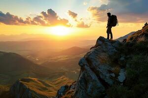 AI generated Hiker at the summit of a mountain overlooking a stunning view photo