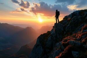 ai generado caminante a el cumbre de un montaña con vista a un maravilloso ver foto