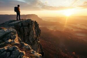 AI generated Hiker at the summit of a mountain overlooking a stunning view photo