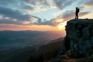 ai generado caminante a el cumbre de un montaña con vista a un maravilloso ver foto