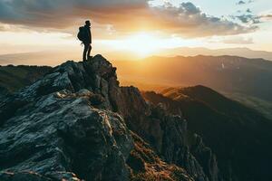 AI generated Hiker at the summit of a mountain overlooking a stunning view photo