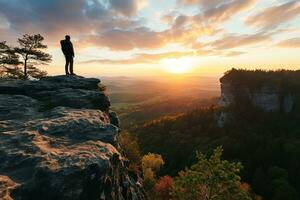 AI generated Hiker at the summit of a mountain overlooking a stunning view photo