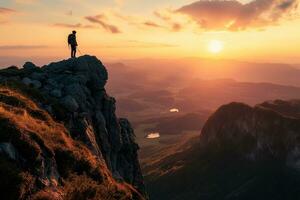 AI generated Hiker at the summit of a mountain overlooking a stunning view photo