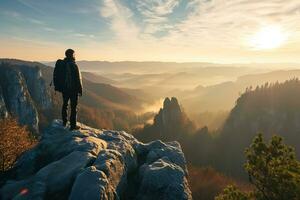 AI generated Hiker at the summit of a mountain overlooking a stunning view photo