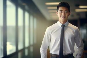 AI generated smiling businessman in the office, handsome and confident photo