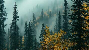 AI generated the land of pine trees, rain forest, mist, autumn fog photo