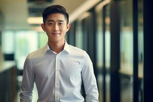 AI generated smiling businessman in the office, handsome and confident photo