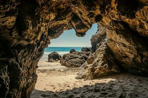 AI generated the beach from the inside of a large, rock cave photo