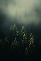 ai generado el tierra de pino árboles, lluvia bosque, neblina, otoño niebla foto