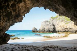 AI generated the beach from the inside of a large, rock cave photo