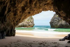 AI generated the beach from the inside of a large, rock cave photo