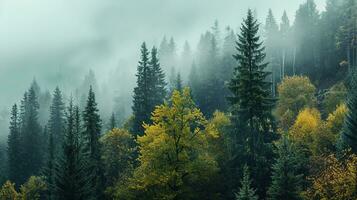 AI generated the land of pine trees, rain forest, mist, autumn fog photo