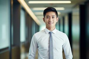 AI generated smiling businessman in the office, handsome and confident photo