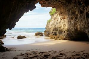 AI generated the beach from the inside of a large, rock cave photo