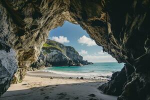 AI generated the beach from the inside of a large, rock cave photo