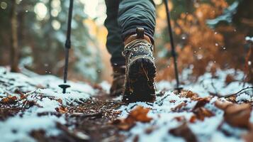 ai generado cerca arriba de piernas de persona en excursionismo Zapatos caminando en el invierno bosque foto