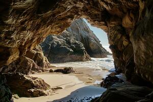 AI generated the beach from the inside of a large, rock cave photo