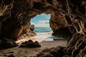 AI generated the beach from the inside of a large, rock cave photo