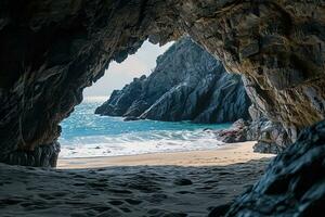 AI generated the beach from the inside of a large, rock cave photo