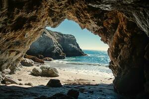 AI generated the beach from the inside of a large, rock cave photo