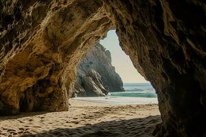 AI generated the beach from the inside of a large, rock cave photo