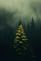 AI generated the land of pine trees, rain forest, mist, autumn fog photo
