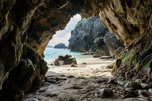 AI generated the beach from the inside of a large, rock cave photo