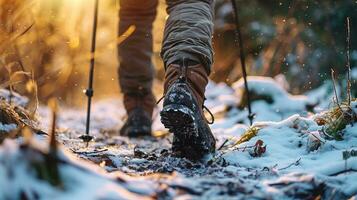 ai generado cerca arriba de piernas de persona en excursionismo Zapatos caminando en el invierno bosque foto