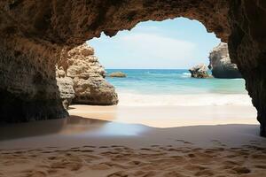 AI generated the beach from the inside of a large, rock cave photo